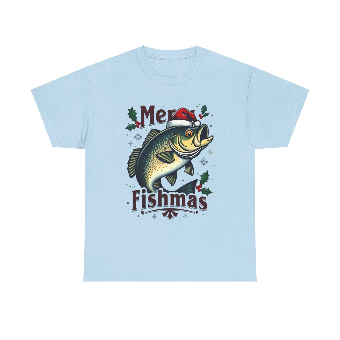 Vintage Fish with Santa Hat and Merry Fishmas Unisex Heavy Cotton Tee - Fun Holiday Fishing Shirt