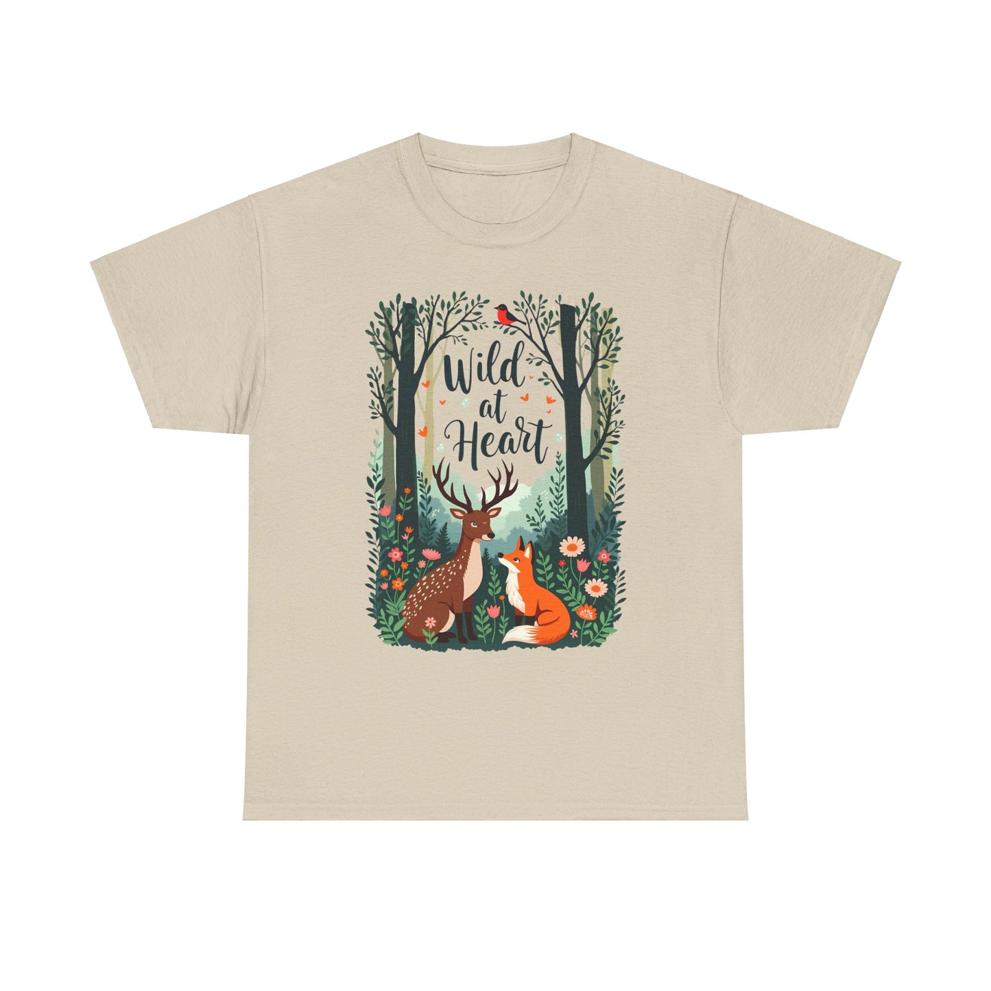 Fox and Deer in Enchanted Forest Wild at Heart Unisex Heavy Cotton Tee – Nature Lovers T-Shirt