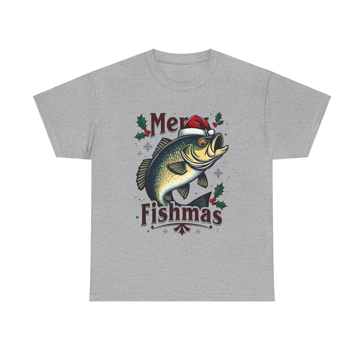 Vintage Fish with Santa Hat and Merry Fishmas Unisex Heavy Cotton Tee - Fun Holiday Fishing Shirt