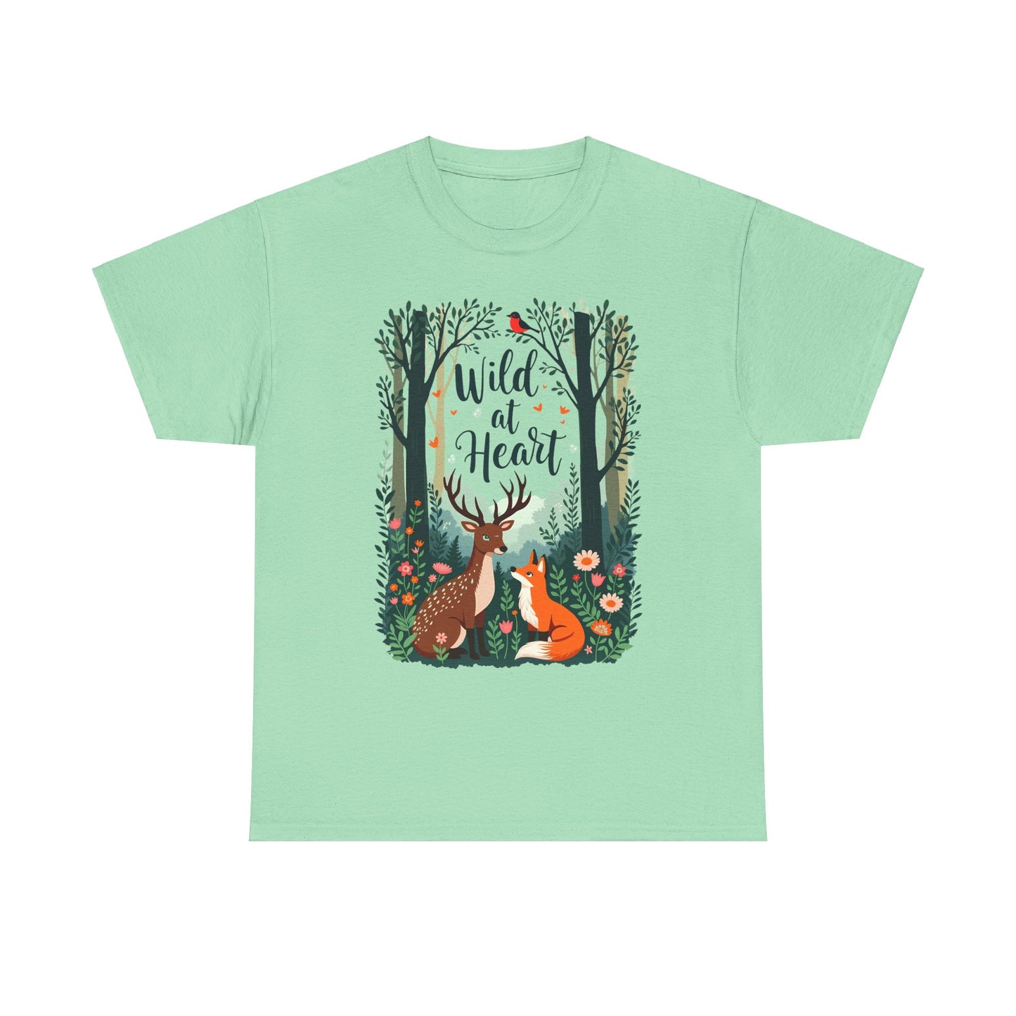 Fox and Deer in Enchanted Forest Wild at Heart Unisex Heavy Cotton Tee – Nature Lovers T-Shirt