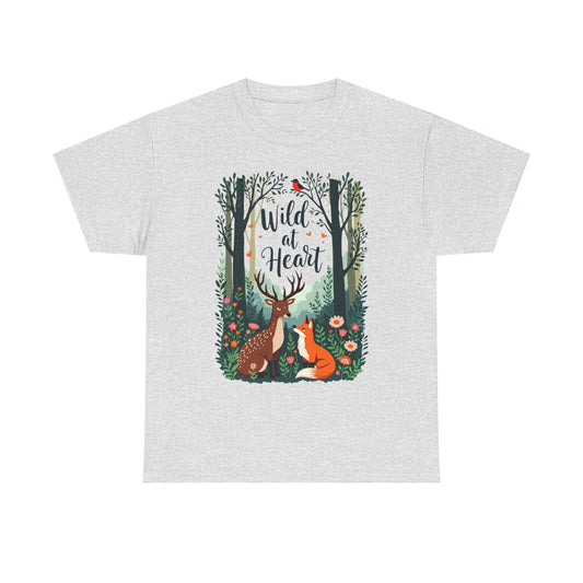 Fox and Deer in Enchanted Forest Wild at Heart Unisex Heavy Cotton Tee – Nature Lovers T-Shirt